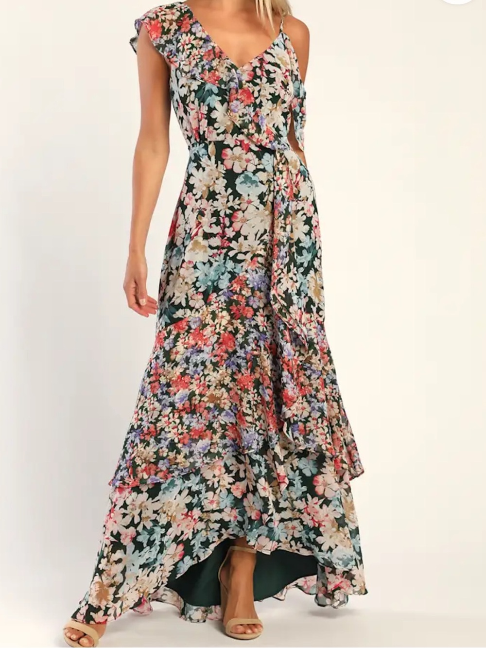 NWT Lulus Radiant Hunter Green Floral Print Chiffon Maxi Dress Size Small S New